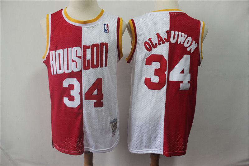 Men Houston Rockets 34 Olajuwon red and white Throwback spliced NBA Jersey